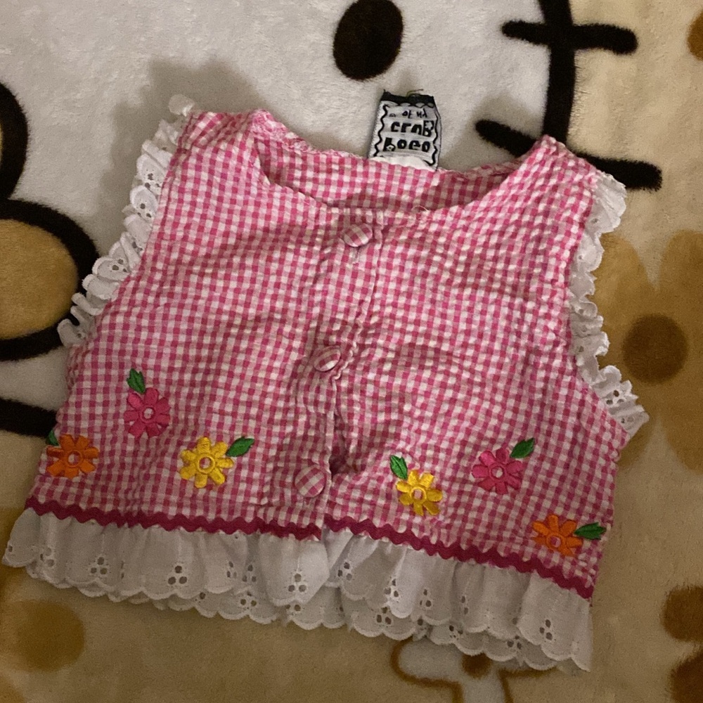 Pink Gingham Kids Vest with Floral Embroidery